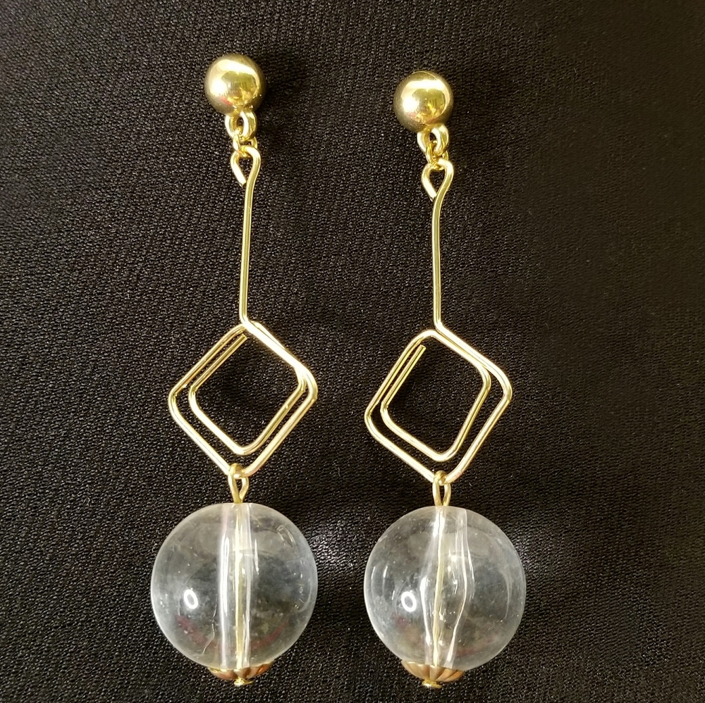Lucite Ball Metal Square Spiral Drop Earrings